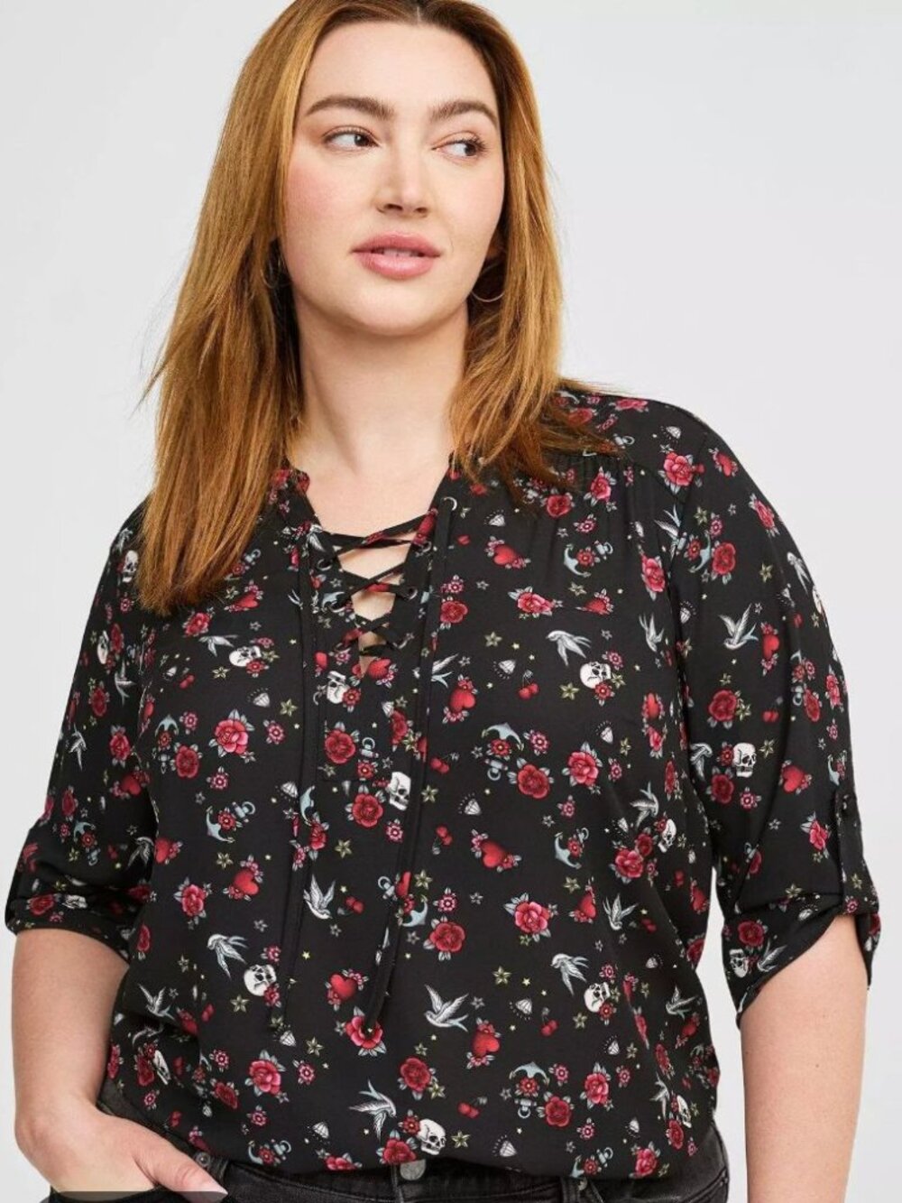Torrid Harper 2X Black Floral Skull Bird Rose Blouse Top Pixie Tattoo Icon